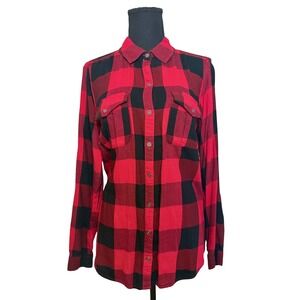 Cabincore Red & Black Buffalo Check Plaid Button Down Flannel Shirt Medium